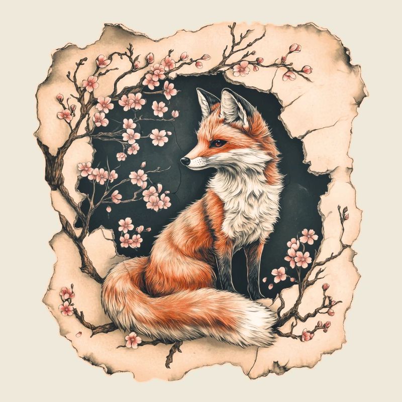 Fox with cherry blossoms