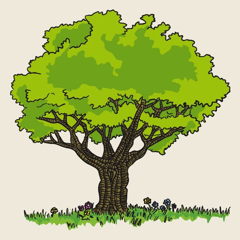 Dessin arbre pré et fleurs