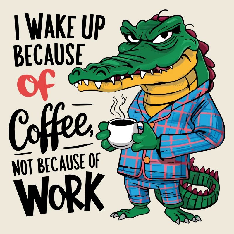 Morgenkaffee Morgenmuffel Krokodil mit Kaffeetasse