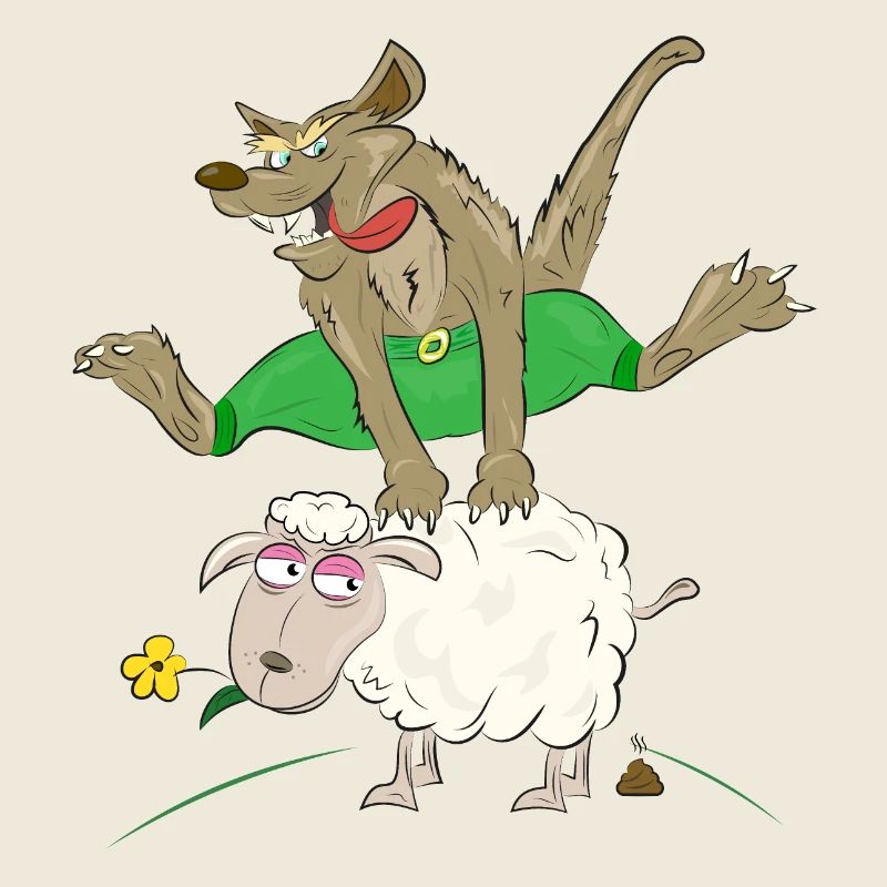 Wolf springt über das Schaf - Wolf mit Schaf