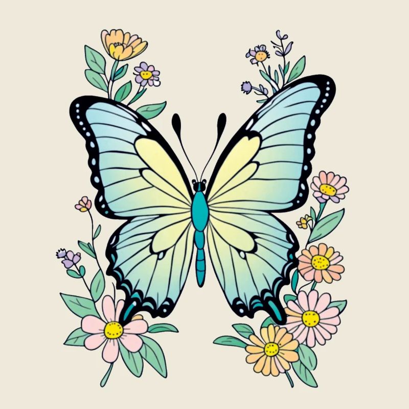 Papillon Bleu Avec Fleurs, Papillon