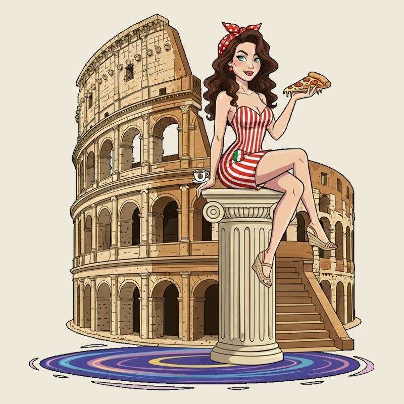 Pinup at Colosseum with pizza