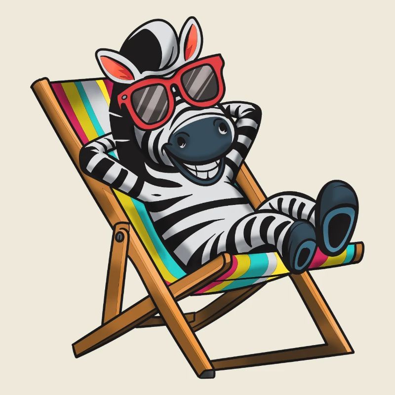 Zebra relaxing in deck chair with colorful stripes