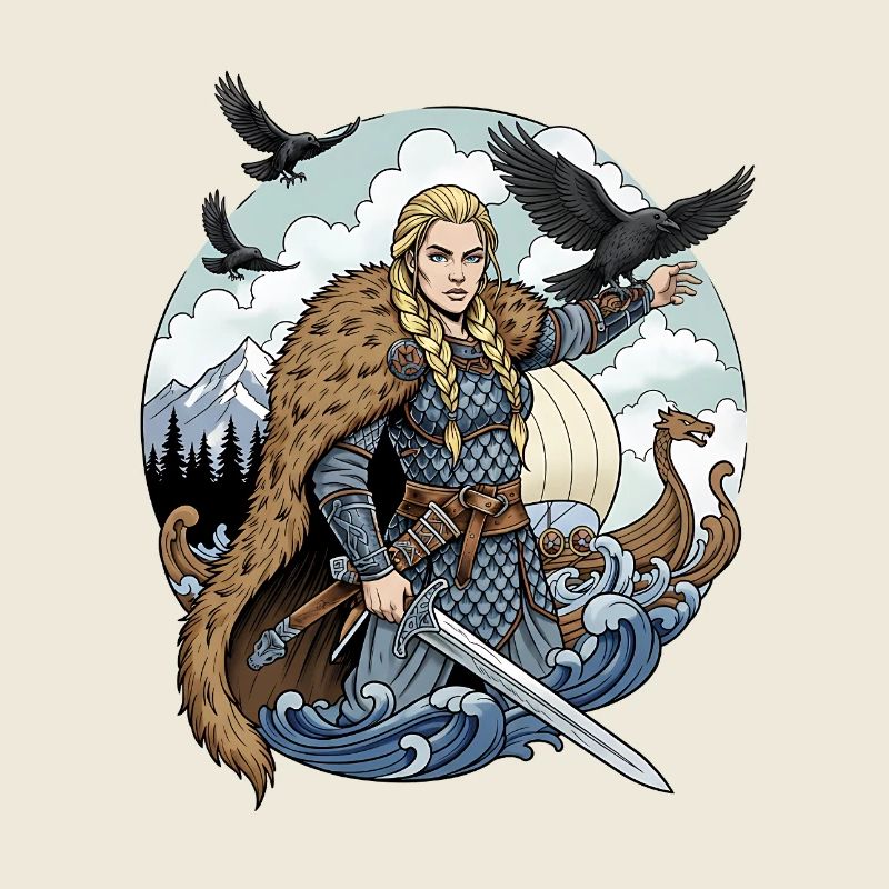 Femme viking armée d’une épée dans la tempête