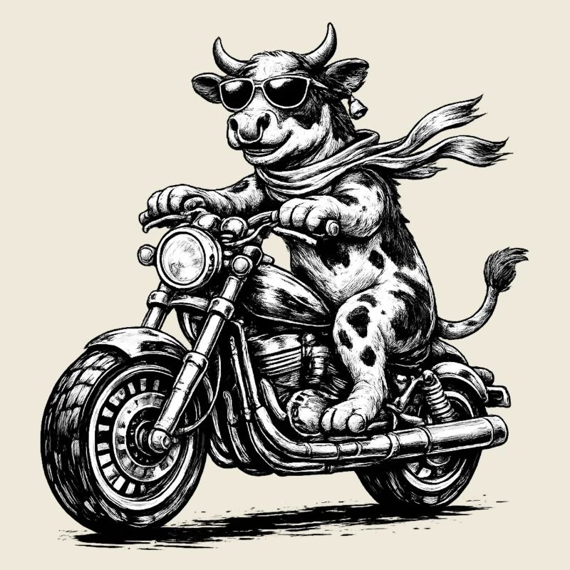 Kuh Biker auf Motorrad