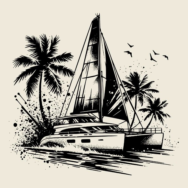Double hull catamaran sailboat with palm trees