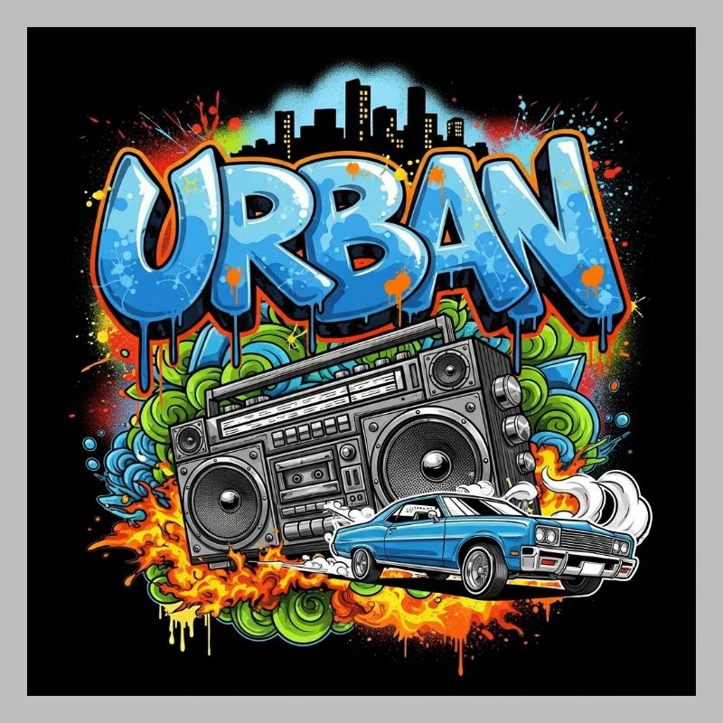Urbanes Graffiti mit Ghettoblaster und Auto