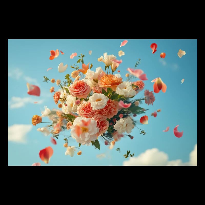 Panier de fleurs flottant dans le ciel nuageux