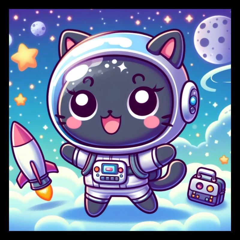 Space Kitty im All mit Rakete und Tasche