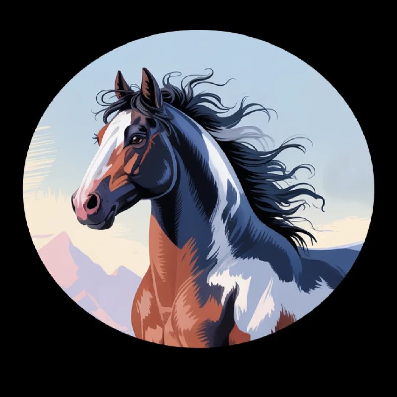 Tinker stallion galloping in mountain landscape