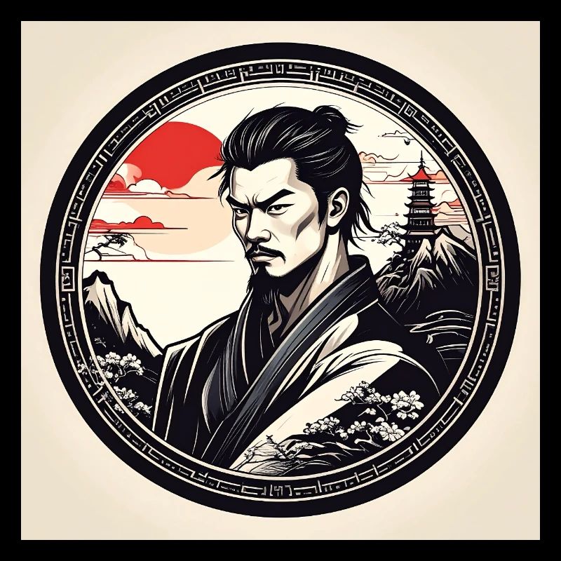 Samouraï dans un cadre circulaire au coucher du soleil