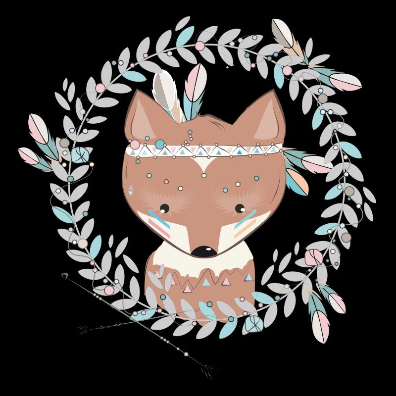 small fox with feather decoration in ethno frame