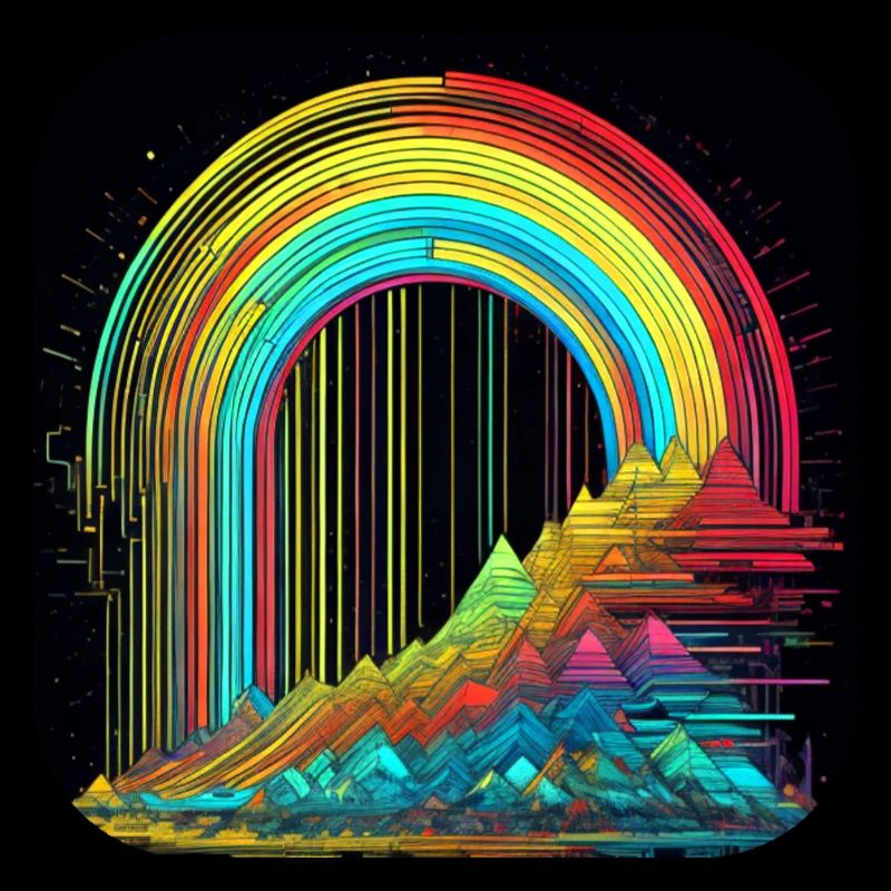 Psychedelisches Motiv Berge mit Regenbogen