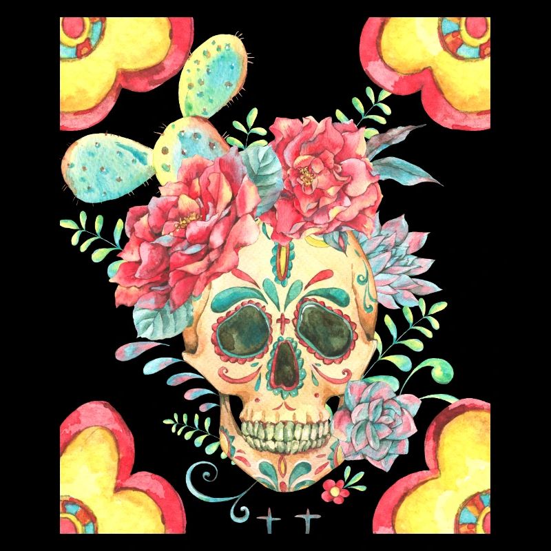 Crâne de sucre mexicain avec fleurs et cactus
