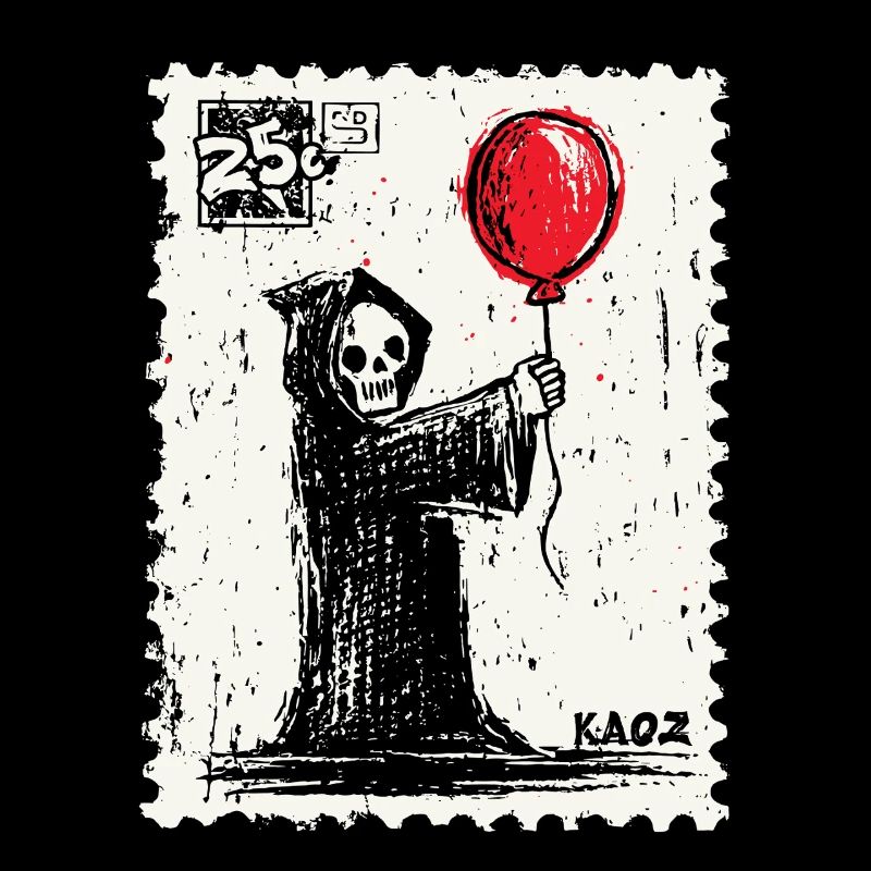 Postage stamp design Grim Reaper with red balloon