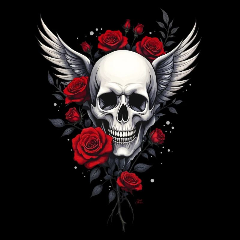 Winged skull & red roses, gothic, skull