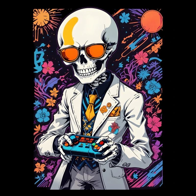 Retro Gamer Skeleton with Controller Console Games