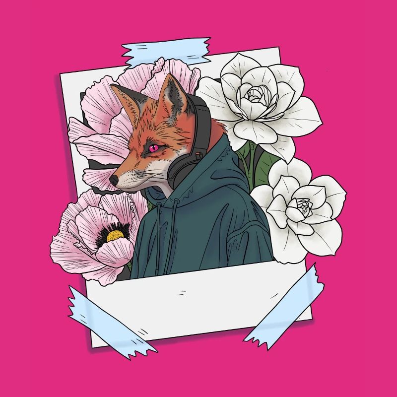 Fuchs mit Kopfhörern und Blumenthema