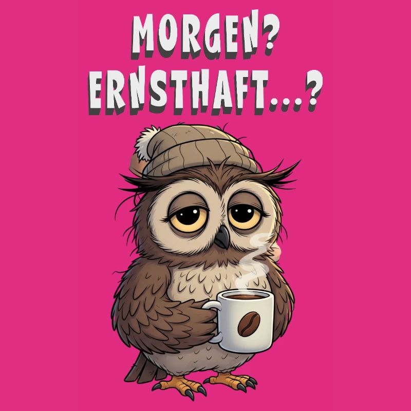 Morgen? Ernsthaft? Müde Eule mit Kaffee