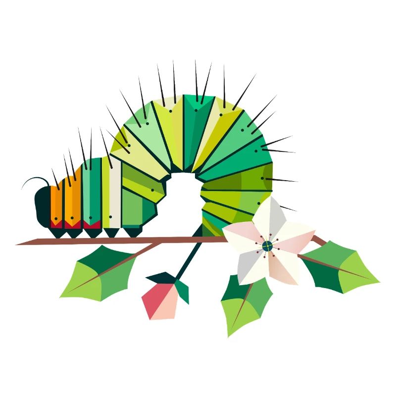 Chenille dans des tons verts vifs sur une branche de fleur