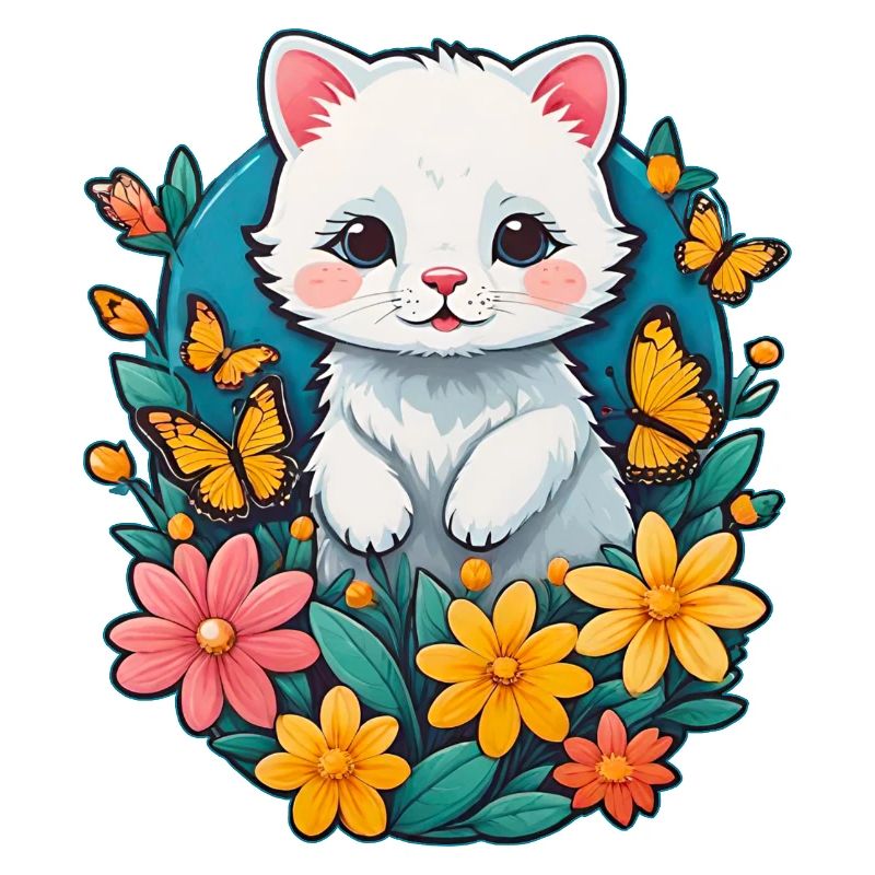 Chaton blanc à fleurs