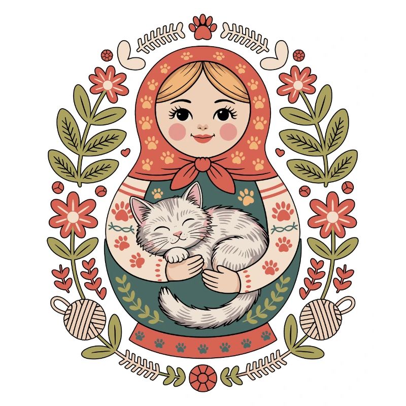 Chat matriochka avec salutation florale