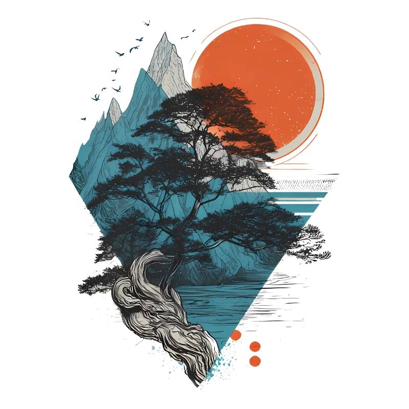 Mountain landscape with tree and red sun