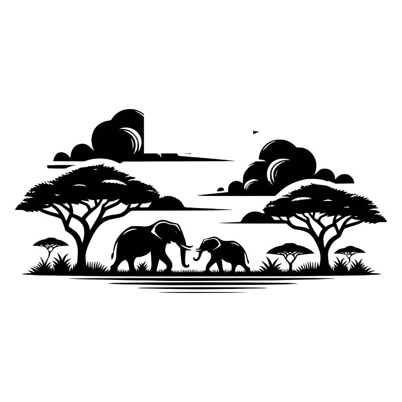 Elephants in African Savannahs Tree Silhouette