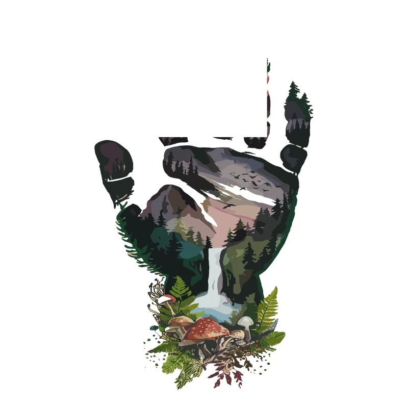 Empreinte de main de la forêt du soir avec cascade et