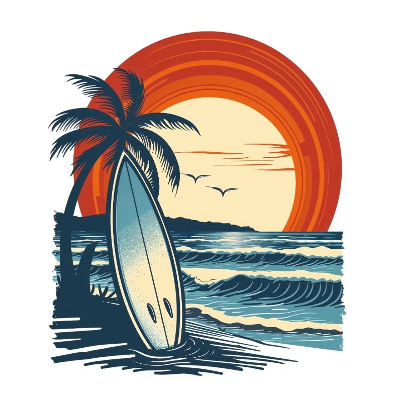 Planche de surf sur la plage au coucher du soleil
