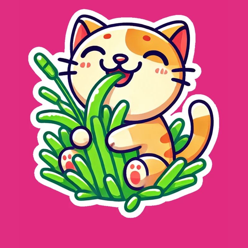 Chat roux mignon mangeant de l’herbe verte