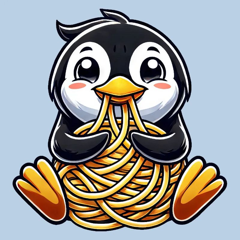 Clumsy penguin eats spaghetti