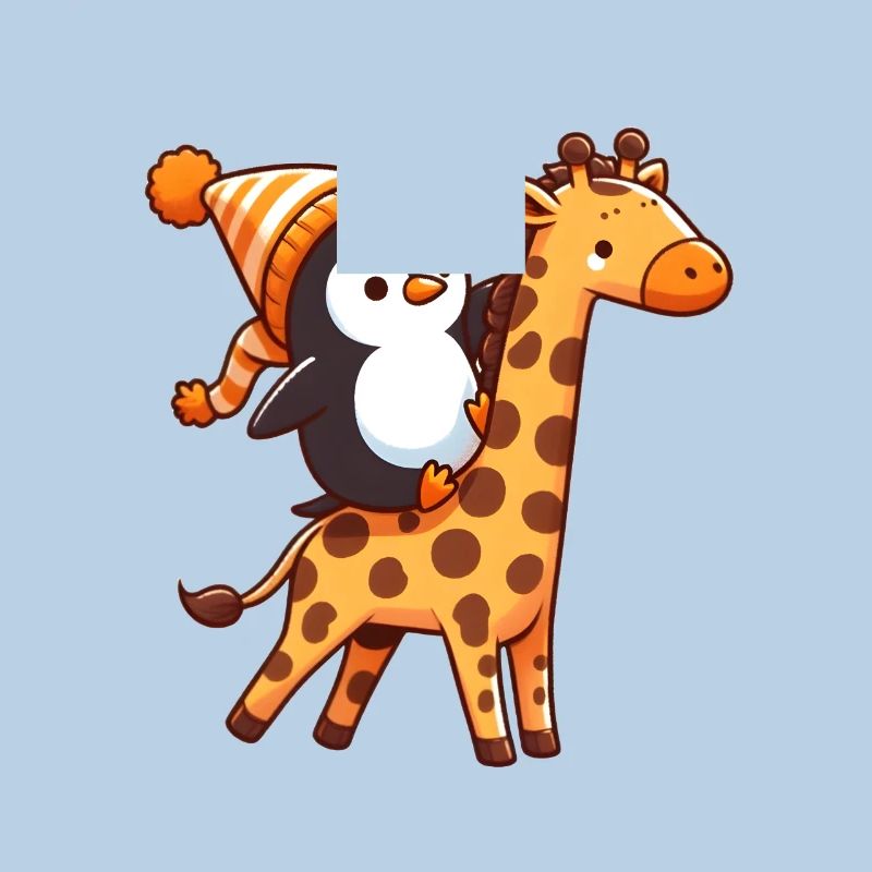 Penguin riding a giraffe