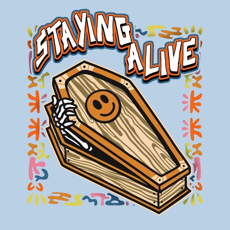 Funny skeleton, comic skeleton with coffin, saying