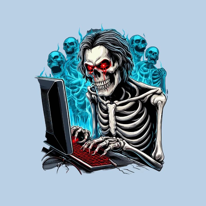 Skeleton, gamer in hell with ghosts/demons
