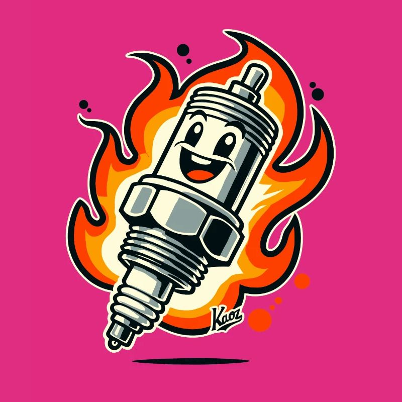 Cheerful spark plug on fire