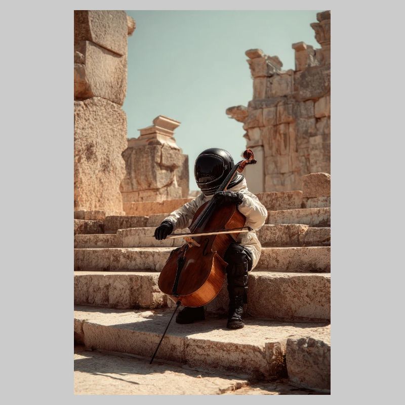 Futuristic Astronaut Playing Cello on Ancient Step