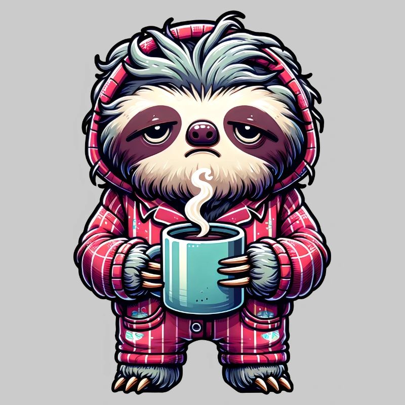 Faultier im Pyjama mit einer Tasse Kaffee