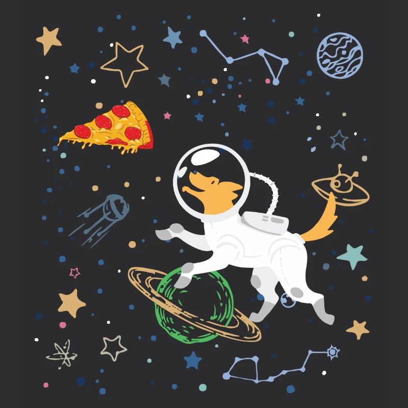 Astronaute de dessin animé avec l’espace et la pizza