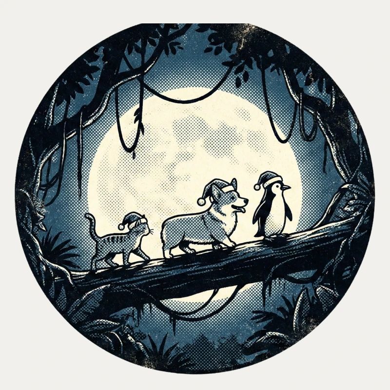 Sentier de la Forêt de Clair de Lune avec Chat, Chien et Pingouin