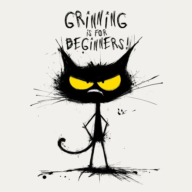 Grumpy Black Cat  – Smiling Is for Beginners