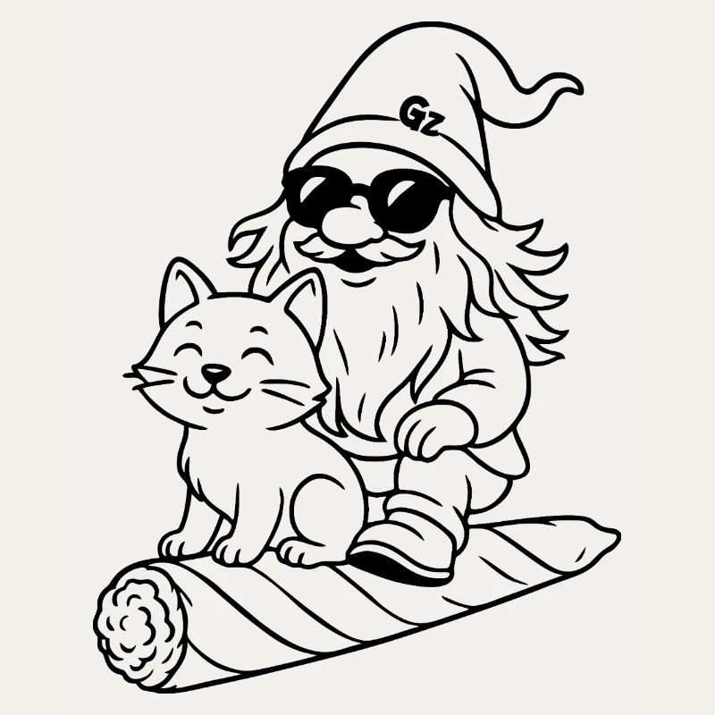 Cooler Zwerg auf fliegendem Joint mit Katze