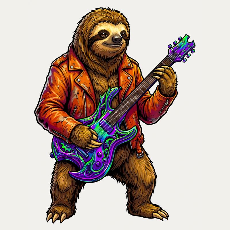 Sloth in leather jacket with neon electric guitar