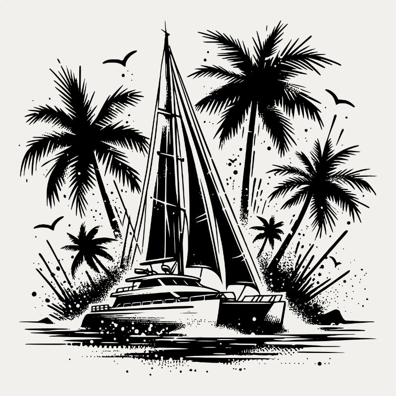 Double hull catamaran sailboat with palm trees