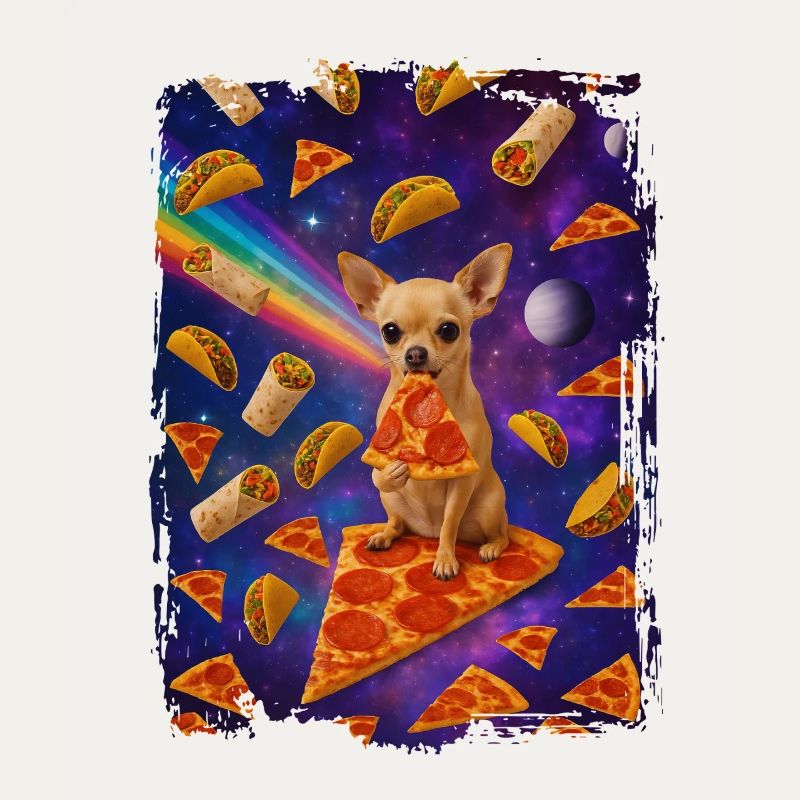 Nourriture spatiale avec chien et pizza