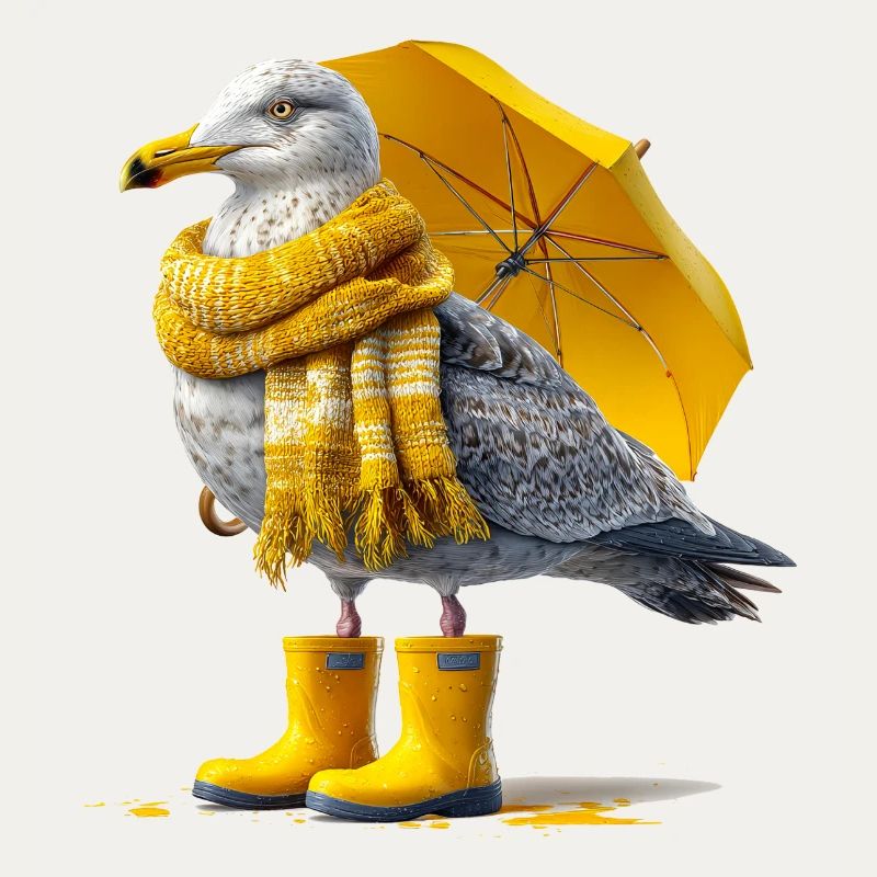 Seemöwe mit Gelbem Regenschirm und Boots