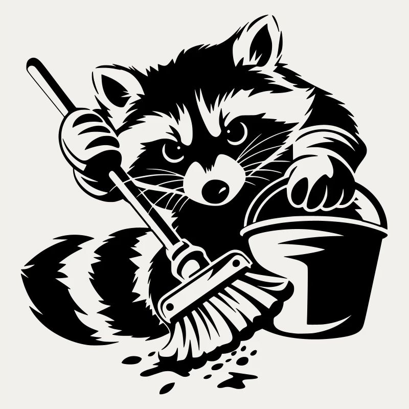 Waschbär mit Eimer & Mopp