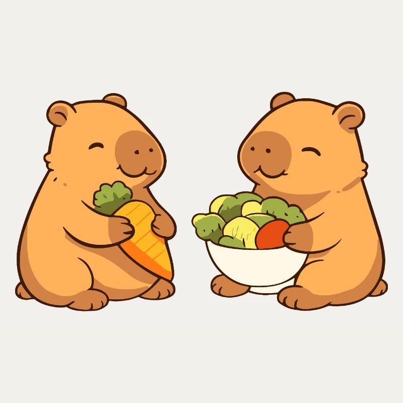 Capybara couple with vegetables – relaxed & cute