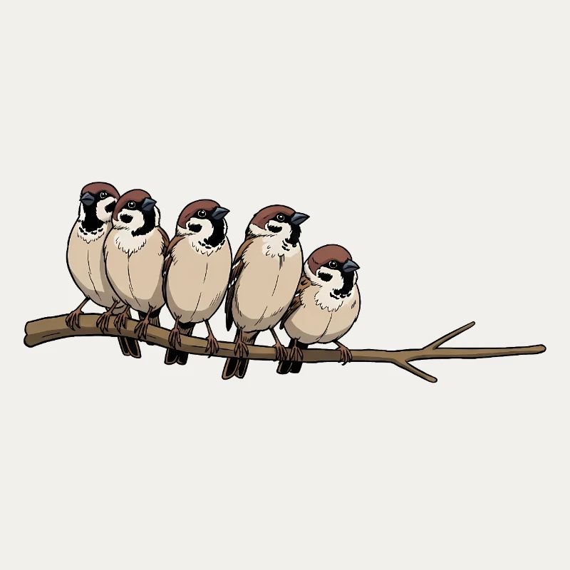Five Birds on a Branch – Cute Illustration