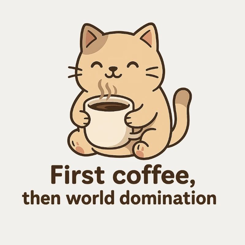 Katze mit Kaffeetasse und Phrase